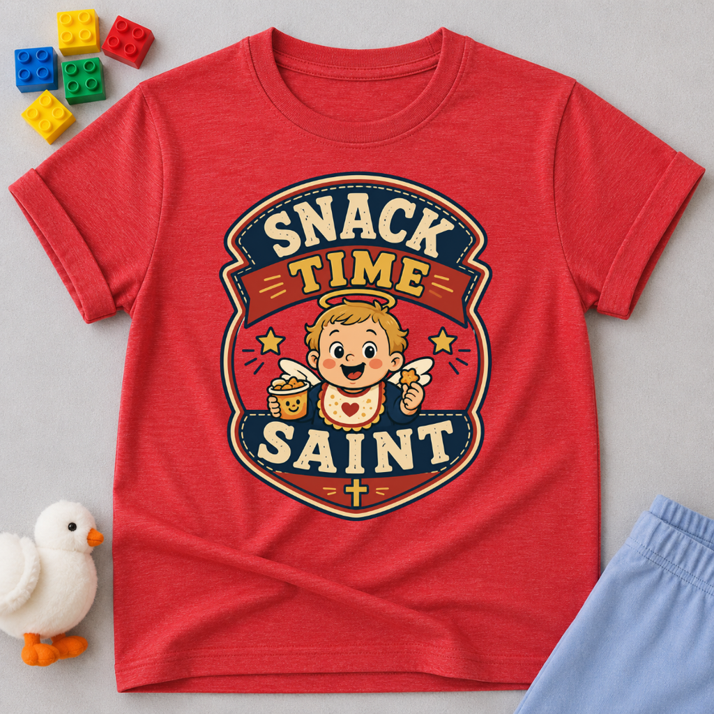 Snack Time Saint Christian kids shirt in red featuring a smiling child enjoying snack time
