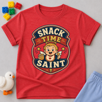 Snack Time Saint Christian kids shirt in red featuring a smiling child enjoying snack time
