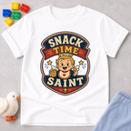 Snack Time Saint Christian kids shirt in white featuring a smiling child enjoying snack time

