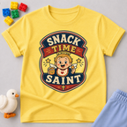 Snack Time Saint Christian kids shirt in yellow featuring a smiling child enjoying snack time
