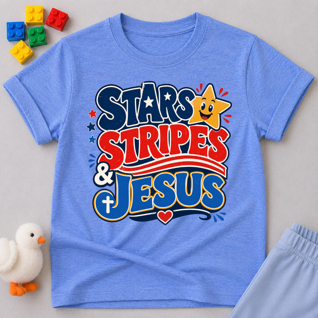 Stars Stripes and Jesus Shirt Christian kids shirt in blue featuring patriotic typography and Christian symbols
