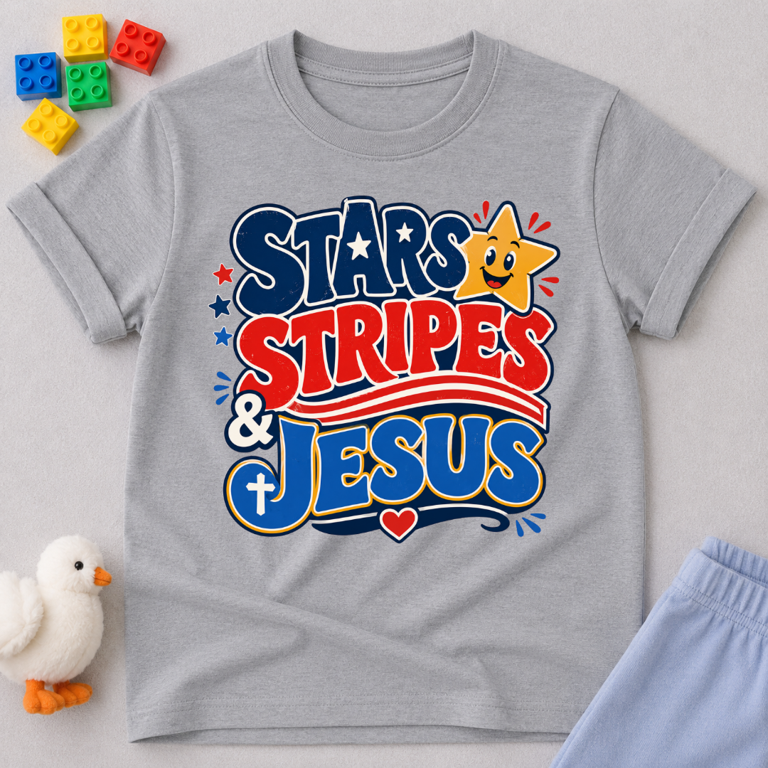 Stars Stripes and Jesus Shirt Christian kids shirt in gray featuring patriotic typography and Christian symbols
