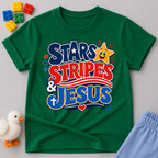 Stars Stripes and Jesus Shirt Christian kids shirt in green featuring patriotic typography and Christian symbols
