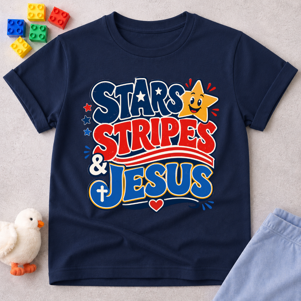 Stars Stripes and Jesus Shirt Christian kids shirt in navy featuring patriotic typography and Christian symbols
