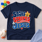 Stars Stripes and Jesus Shirt Christian kids shirt in navy featuring patriotic typography and Christian symbols
