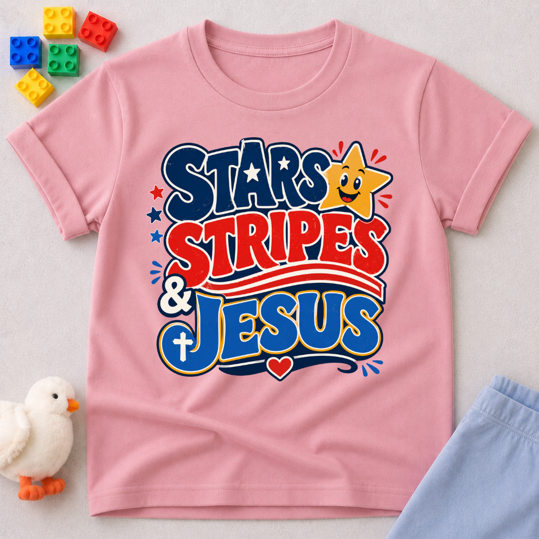 Stars Stripes and Jesus Shirt Christian kids shirt in navy featuring patriotic typography and Christian symbols
