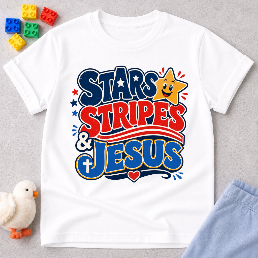 Stars Stripes and Jesus Shirt Christian kids shirt in white featuring patriotic typography and Christian symbols
