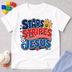 Stars Stripes and Jesus Shirt Christian kids shirt in white featuring patriotic typography and Christian symbols
