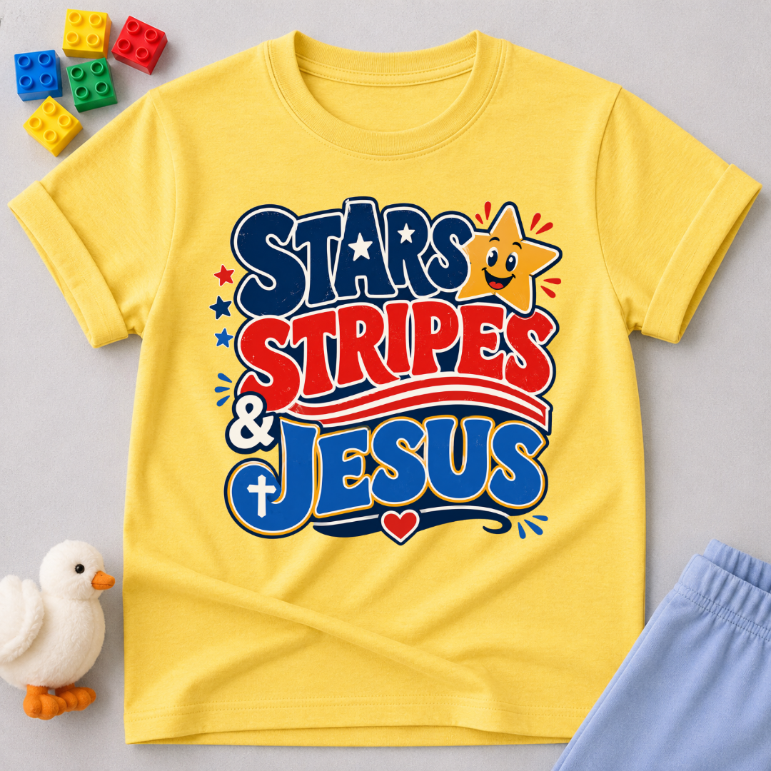 Stars Stripes and Jesus Shirt Christian kids shirt in yellow featuring patriotic typography and Christian symbols
