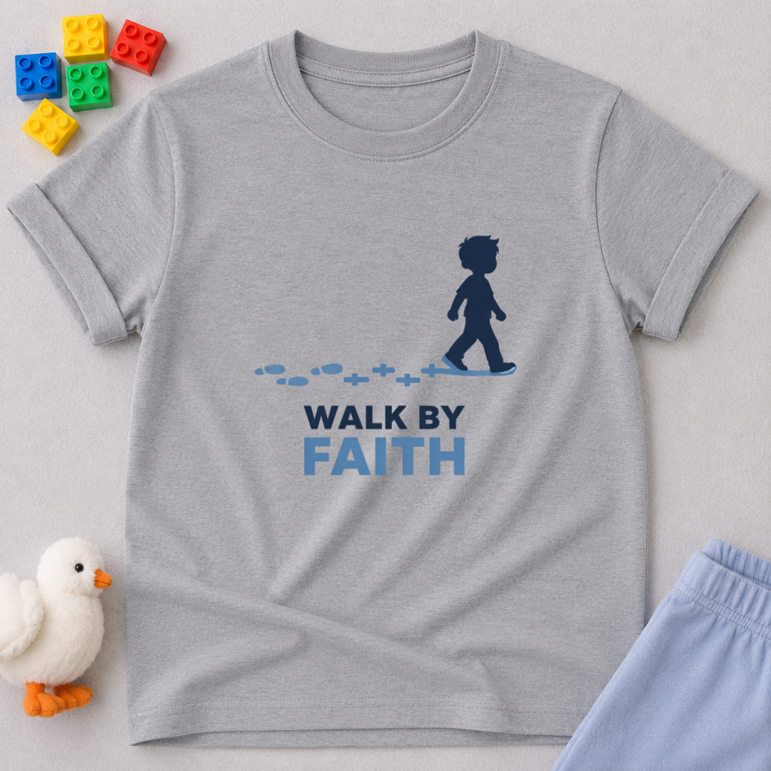 Steps Guided By Faith Christian kids shirt in Gray featuring a child walking and faith-inspired message