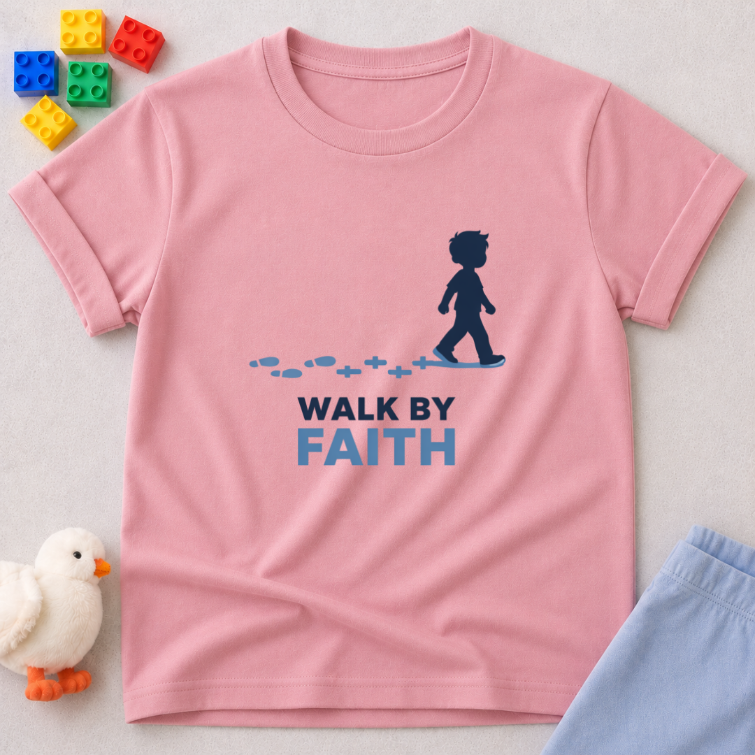 Steps Guided By Faith Christian kids shirt in Pink featuring a child walking and faith-inspired message