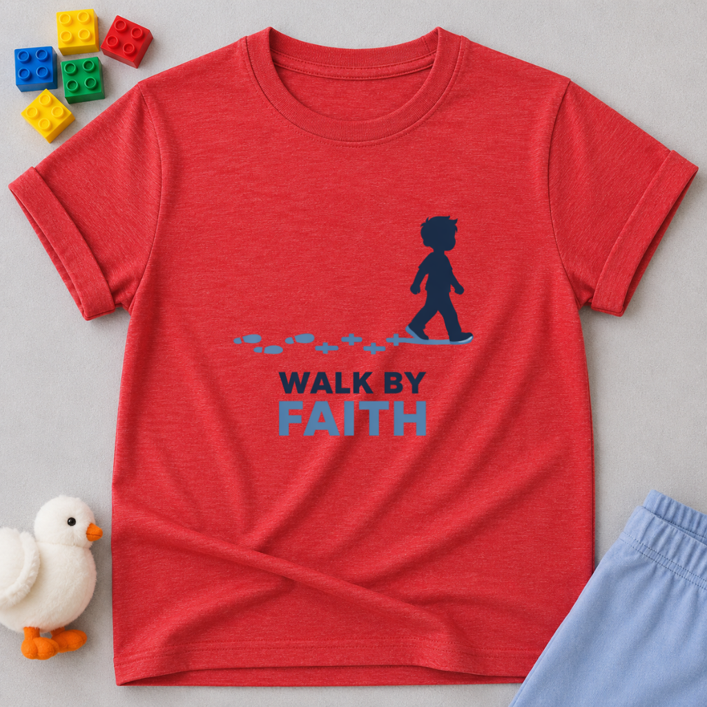 Steps Guided By Faith Christian kids shirt in Red featuring a child walking and faith-inspired message