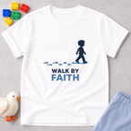 Steps Guided By Faith Christian kids shirt in White featuring a child walking and faith-inspired message
