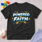 Strength Fueled By Faith Christian kids shirt in Black featuring bold faith-inspired typography