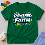 Strength Fueled By Faith Christian kids shirt in Green featuring bold faith-inspired typography