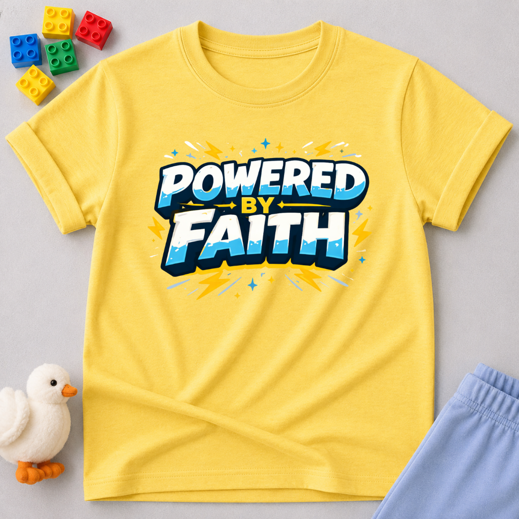 Strength Fueled By Faith Christian kids shirt in Yellow featuring bold faith-inspired typography