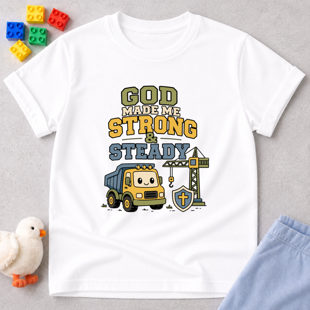 Strong and Steady Builder Shirt Christian kids shirt in white featuring construction equipment and an encouraging faith message
