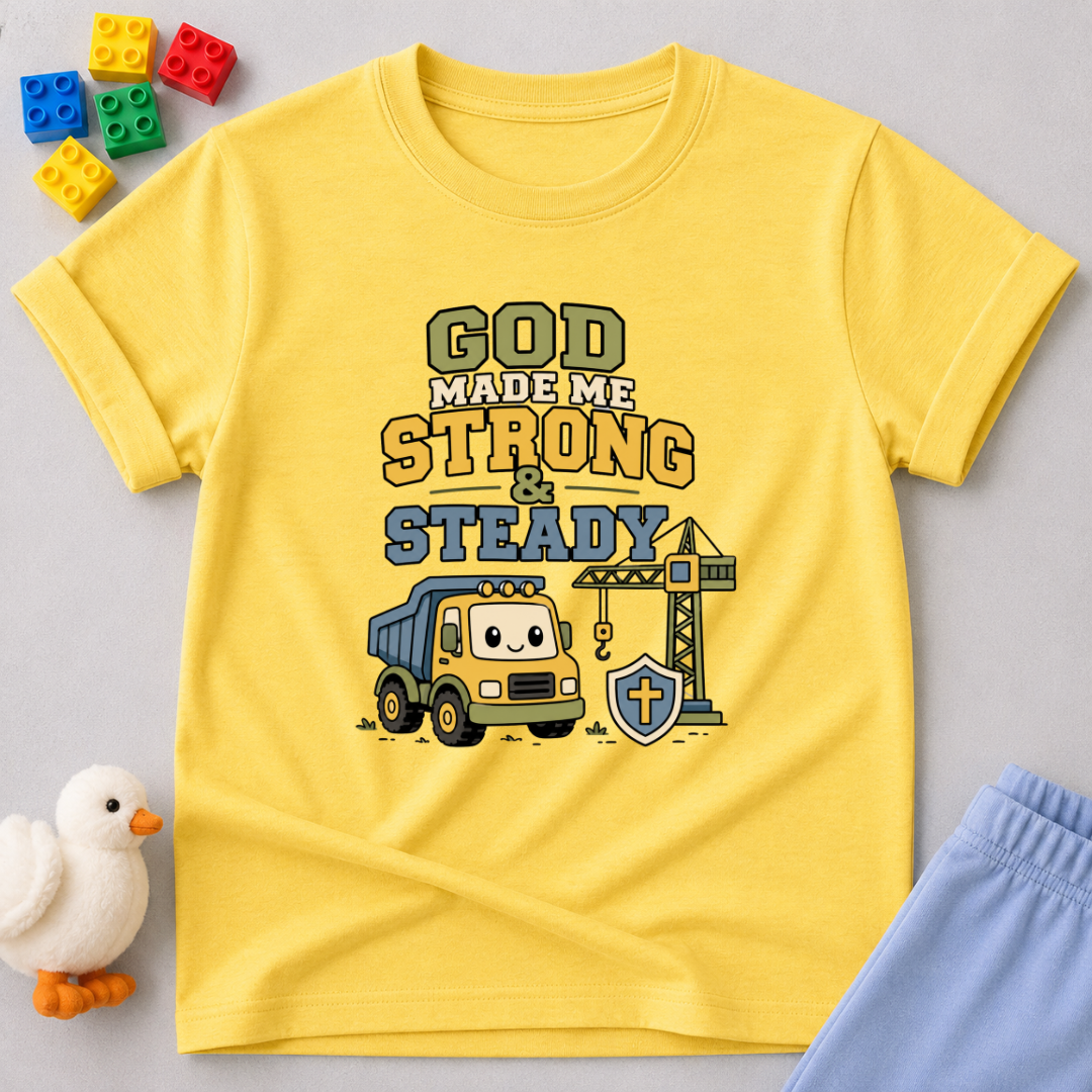Strong and Steady Builder Shirt Christian kids shirt in yellow featuring construction equipment and an encouraging faith message
