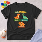Strong Brave And Fearless Dino Christian kids shirt in Black featuring dinosaurs and biblical affirmation messages