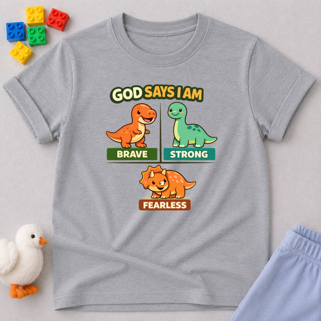 Strong Brave And Fearless Dino Christian kids shirt in Gray featuring dinosaurs and biblical affirmation messages