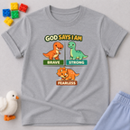 Strong Brave And Fearless Dino Christian kids shirt in Gray featuring dinosaurs and biblical affirmation messages