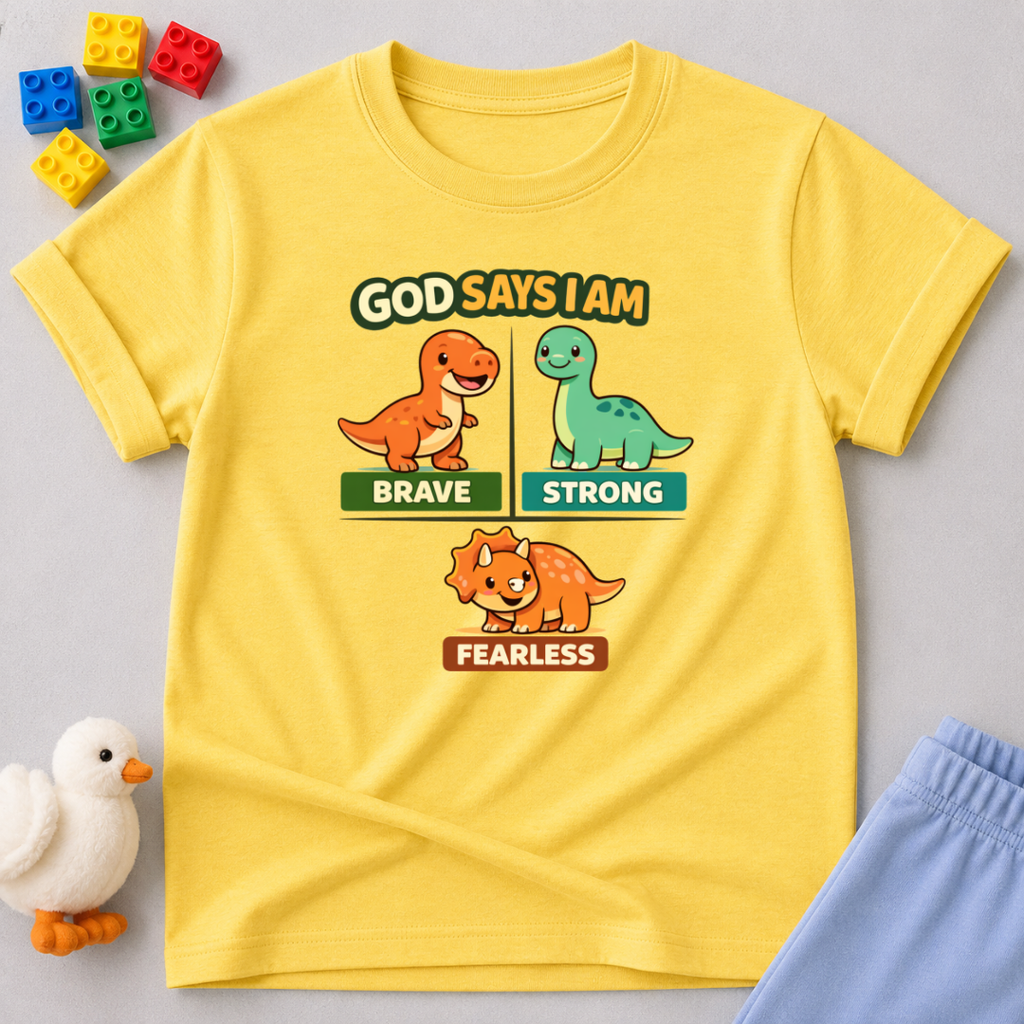 Strong Brave And Fearless Dino Christian kids shirt in Yellow featuring dinosaurs and biblical affirmation messages
