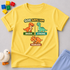 Strong Brave And Fearless Dino Christian kids shirt in Yellow featuring dinosaurs and biblical affirmation messages