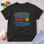 Strong Faith Badge Shirt Christian kids shirt in Black featuring colorful faith strength typography
