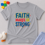 Strong Faith Badge Shirt Christian kids shirt in Gray featuring colorful faith strength typography
