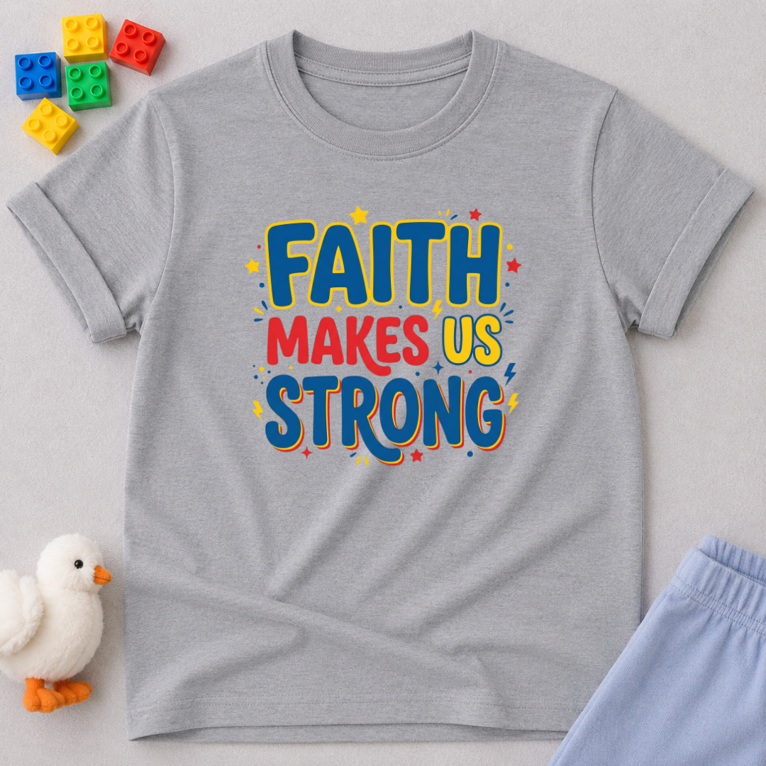 Strong Faith Badge Shirt Christian kids shirt in Gray featuring colorful faith strength typography