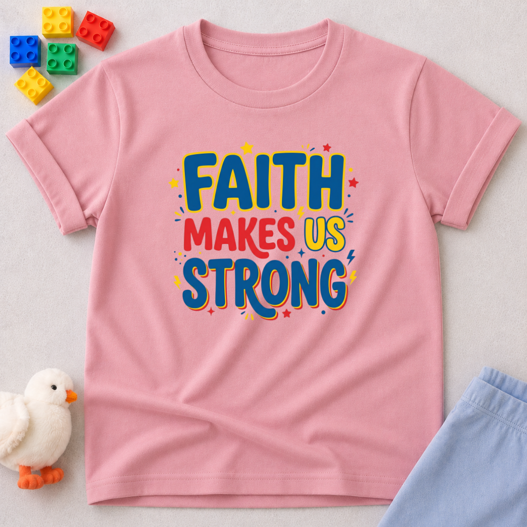 Strong Faith Badge Shirt Christian kids shirt in Pink featuring colorful faith strength typography