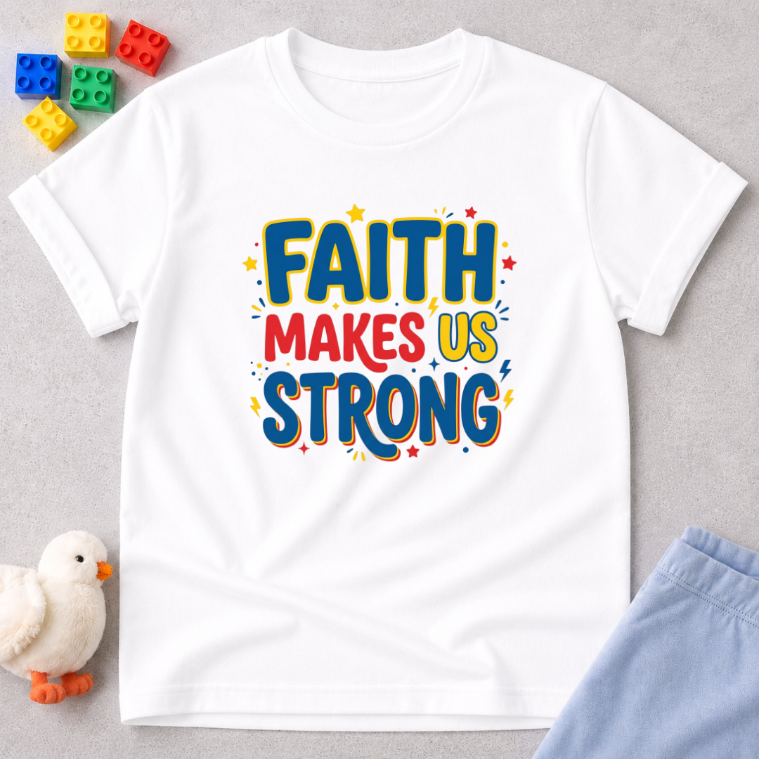 Strong Faith Badge Shirt Christian kids shirt in White featuring colorful faith strength typography