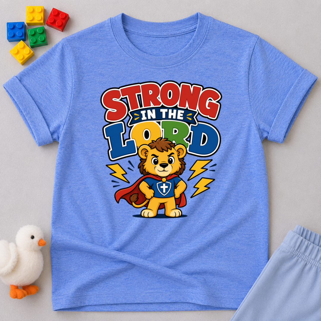 Strong in the Lord Christian kids shirt in blue featuring a superhero lion with faith-inspired design
