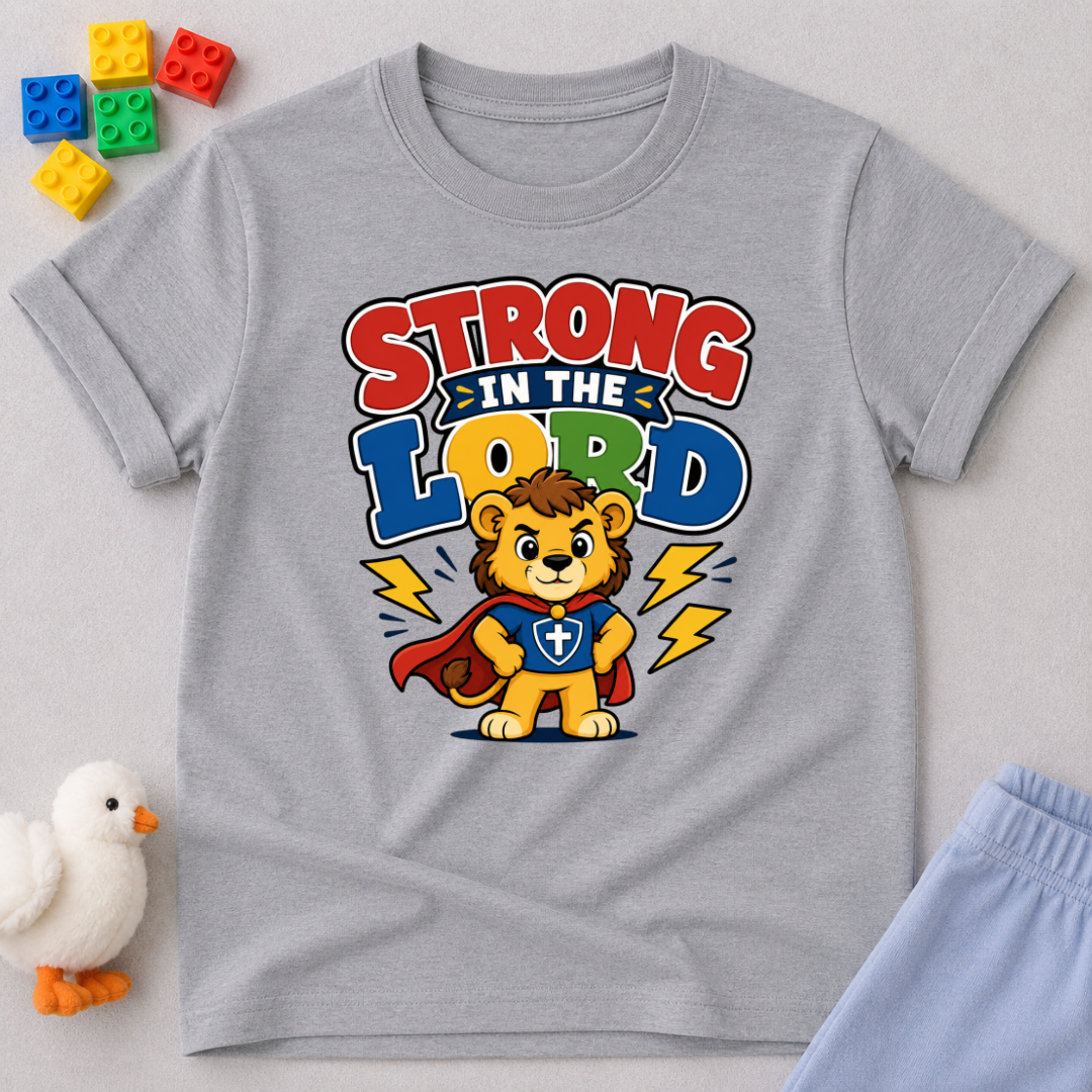 Strong in the Lord Christian kids shirt in gray featuring a superhero lion with faith-inspired design
