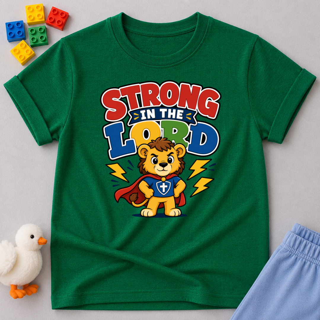 Strong in the Lord Christian kids shirt in green featuring a superhero lion with faith-inspired design
