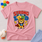 Strong in the Lord Christian kids shirt in pink featuring a superhero lion with faith-inspired design

