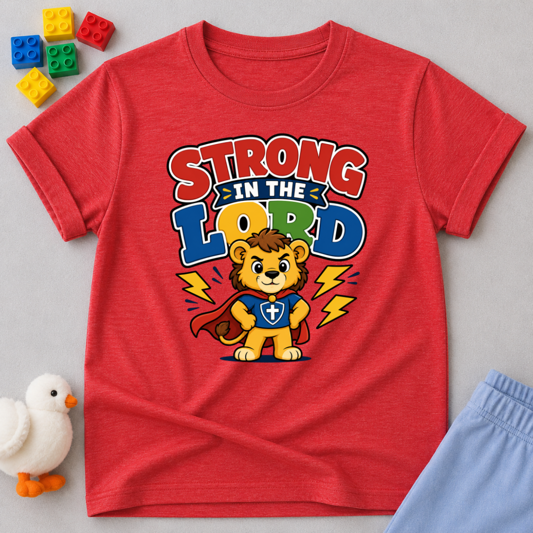 Strong in the Lord Christian kids shirt in red featuring a superhero lion with faith-inspired design
