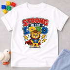 Strong in the Lord Christian kids shirt in white featuring a superhero lion with faith-inspired design
