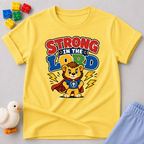 Strong in the Lord Christian kids shirt in yellow featuring a superhero lion with faith-inspired design
