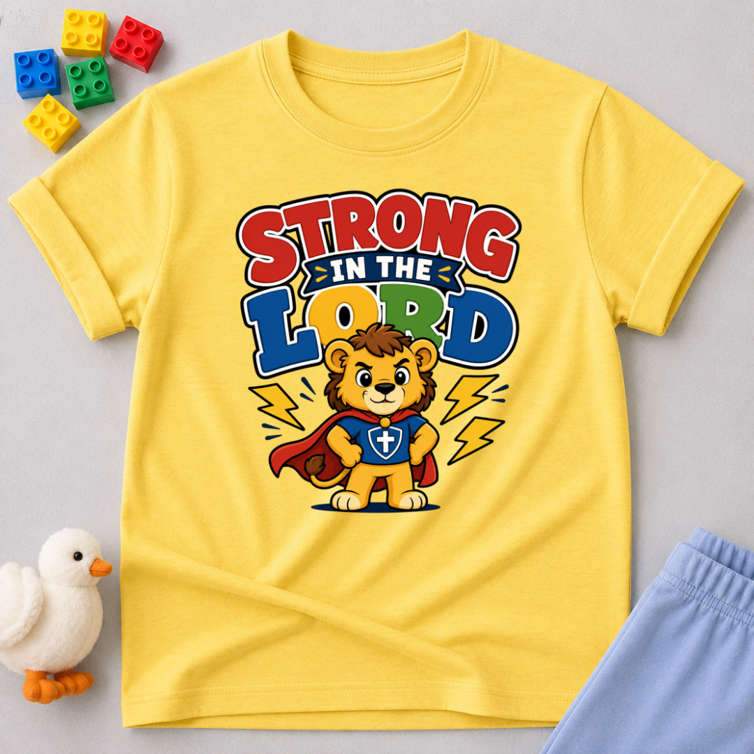 Strong in the Lord Christian kids shirt in yellow featuring a superhero lion with faith-inspired design
