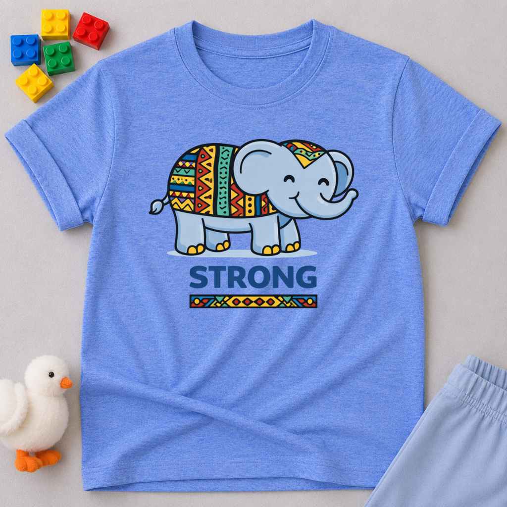 Strong Through Faith Christian kids shirt in Blue featuring an elephant and faith-inspired strength message