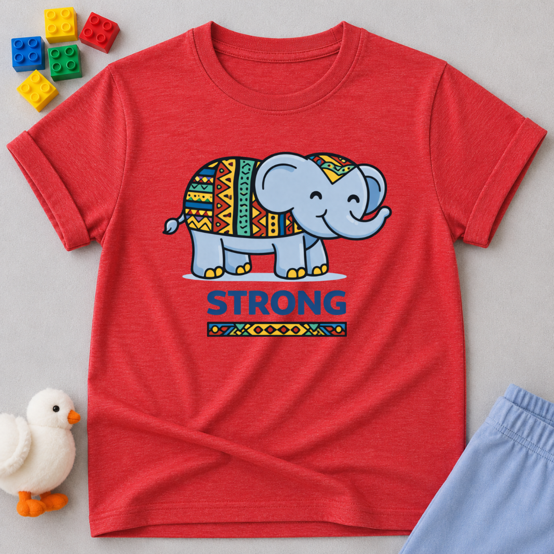 Strong Through Faith Christian kids shirt in Red featuring an elephant and faith-inspired strength message
