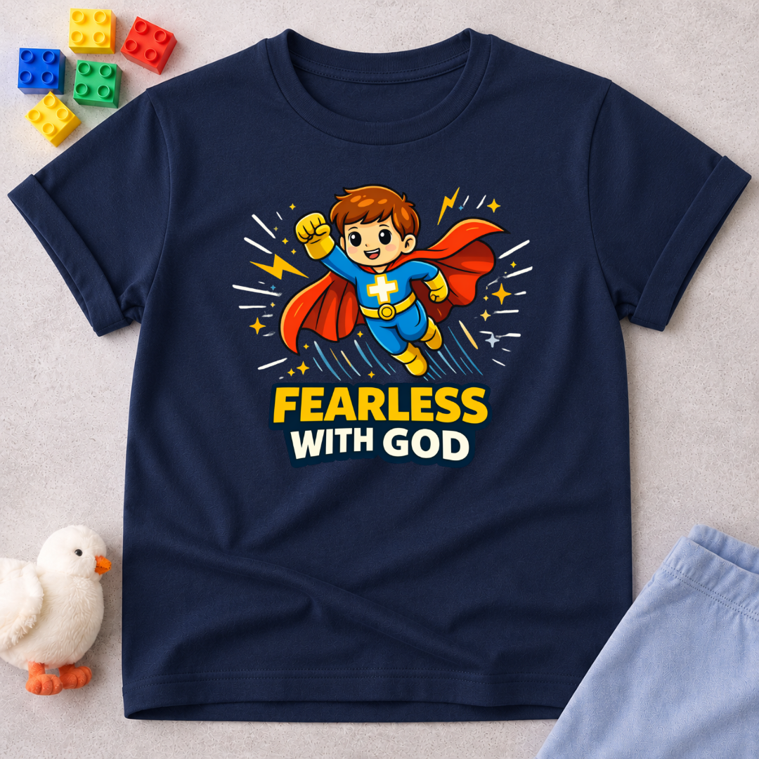 Superhero Faith Courage Christian kids shirt in Navy featuring a superhero child and fearless with God design