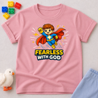 Superhero Faith Courage Christian kids shirt in Pink featuring a superhero child and fearless with God design
