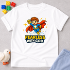 Superhero Faith Courage Christian kids shirt in White featuring a superhero child and fearless with God design