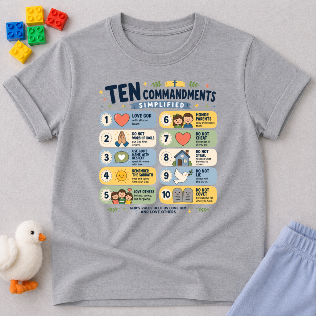 Ten Commandments Learning Chart Shirt Christian kids shirt in gray featuring an illustrated Ten Commandments design
