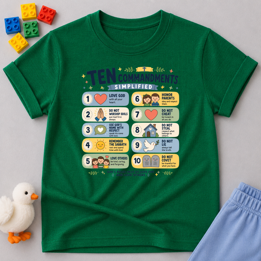 Ten Commandments Learning Chart Shirt Christian kids shirt in green featuring an illustrated Ten Commandments design
