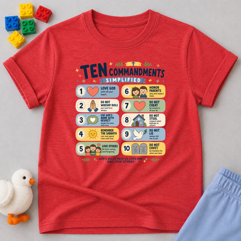 Ten Commandments Learning Chart Shirt Christian kids shirt in red featuring an illustrated Ten Commandments design
