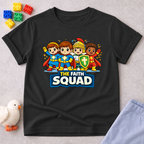 The Faith Squad Christian kids shirt in Black featuring a group of faith-filled superhero friends