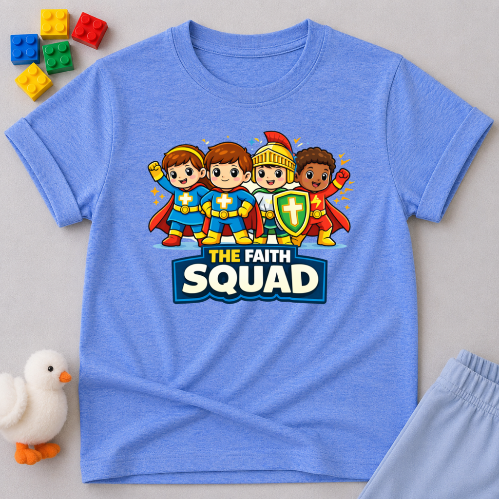 The Faith Squad Christian kids shirt in Blue featuring a group of faith-filled superhero friends